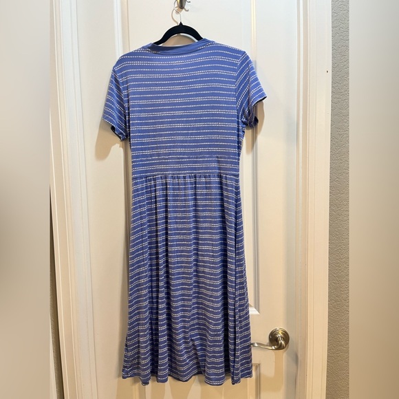 L.L Bean Faux Wrap Dress Short Sleeve V-Neck Blue Striped Medium Length 42” - Picture 5 of 6